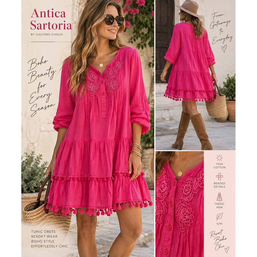 Antica Sartoria S/M Pink Embellished Boho Tunic Dress Tassel Hem Cotton